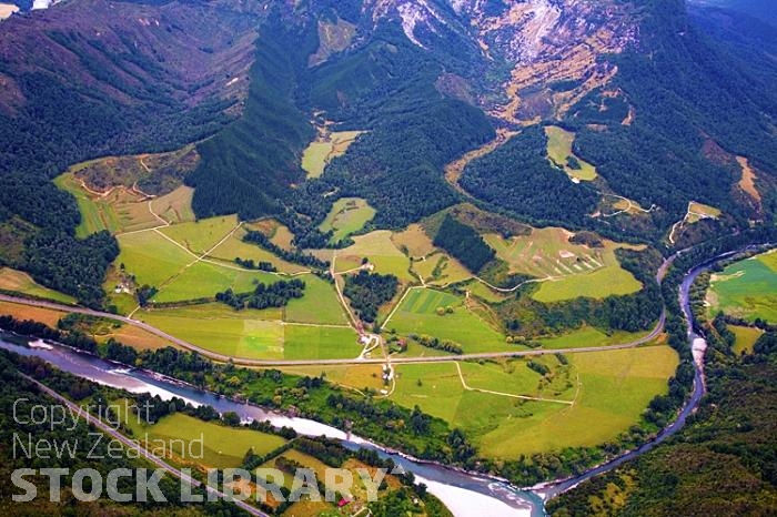 Aerial Image;Maruia River Valley Image;Maruia River Image;Buller Region;mountains;hills;rivers;line;Road;bush;native forrest;state highway65;Dairy farm Image;dairy farming Image;green fields Image;Maruia River Image;bluffs;cliffs;trout river