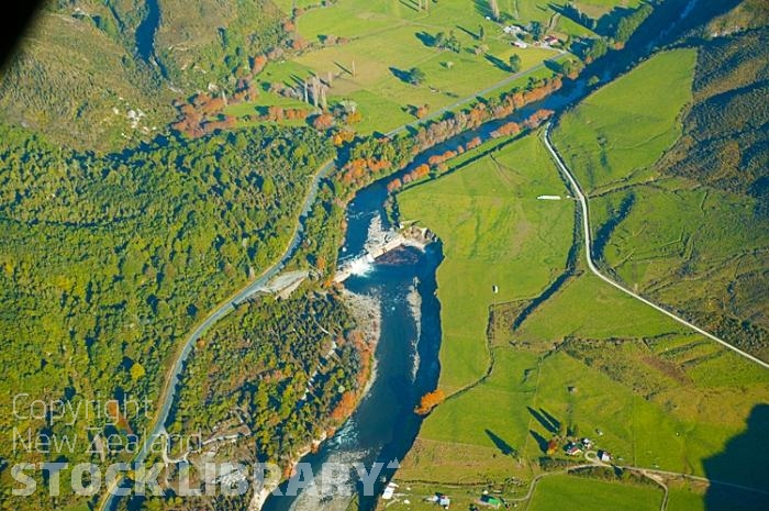 Aerial Image;Maruia River Valley Image;Maruia River Image;Buller Region;mountains;hills;rivers;line;Road;bush;native forrest;state highway65;Dairy farm Image;dairy farming Image;green fields Image;Maruia River Image;bluffs;cliffs;waterfall Image;maruia falls Image