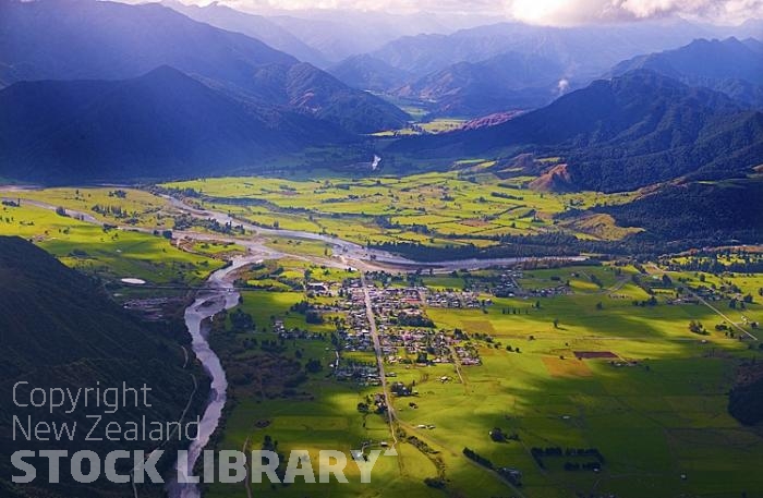 Aerial;Murchison;Buller Region;mountains;hills;rivers;Road;bush;native forrest;state highway6;Dairy farm;dairy farming;green fields;green paddocks;bluffs;cliffs;Matakitaki River;Buller river;Four river plain;Matiri River