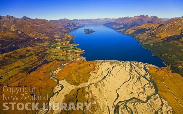 Aerial;Lake Wakatipu;Otago;autumn colour;fall colors;Glenorchy;Rees River;Blanket Bay;airfield;Pigeon Island