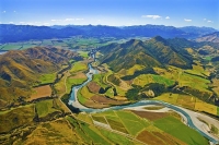 Aerial;Hanmer_Springs;green_fields;paddocks;brown_hills;hills;mountains;blue_sky