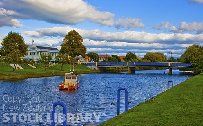 Kaiapoi;Canterbury;Kaiapoi River;boating;golden sands;Pacific Ocean;Waimakariri River;Kaiapoi River;Kaiapoi River bridge;Blackwell's Dept Store;boat;bridge