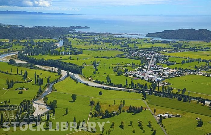 Aerial;Takaka;Golden Bay;hills;rivers;Road;bush;native forrest;green fields;green paddocks;lakes;blue sky;cattle;agriculture;dairy farming;state highway 60;Takaka River;main street