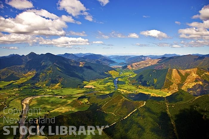 Aerial;Rai Valley;Pelorus River;Marlborough;Rai Valley Township;bush;native forrest;forestry;Trout Fishing;Pelorous River reaches the sounds;Pelorous River reaches the sounds;Canvas town;Canvastown