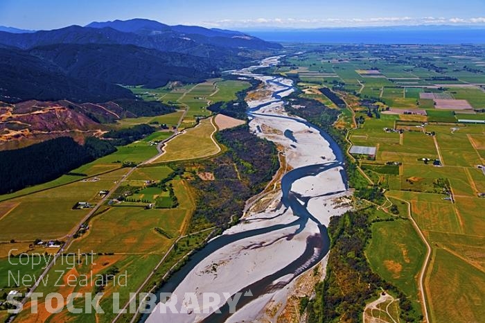 Aerial;Wairau Valley;Marleborough;bush;native forrest;irrigation canal;irrigation;green fields;green paddocks;hydro electricity;hydro generated electricity;Wairau river;hills;mountains;Wairau Plains;braided river