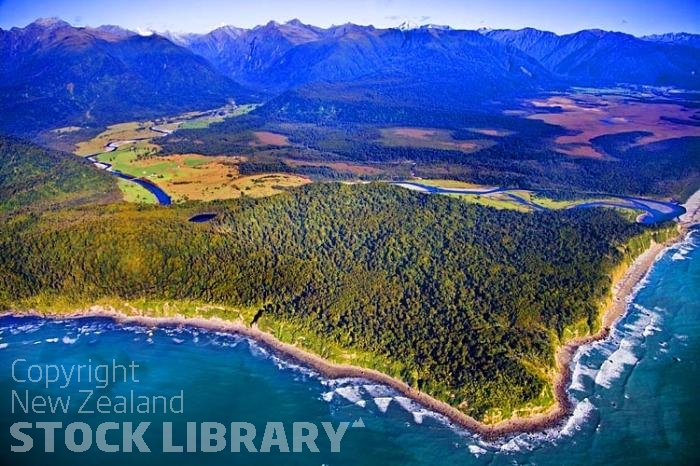 Aerial;Haast to Hokitika;West Coast;mountains;valleys;river;Tasman Sea;State highway 6;Makawhio Point;Jacob's River;bush;native forrest