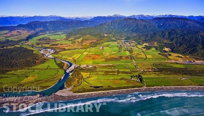 Aerial;Haast to Hokitika;West Coast;mountains;valleys;river;Tasman Sea;State highway 6;Ross;gold mining town;Totara River;braided river;bush;native forrest;green fields;green paddocks