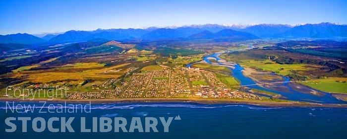 Aerial;Hokitika;West Coast;State Highway 6;mountains;valleys;Hokitika river;Tasman Sea;airport;Hokitika river Bridge;sand bar;dairy factory