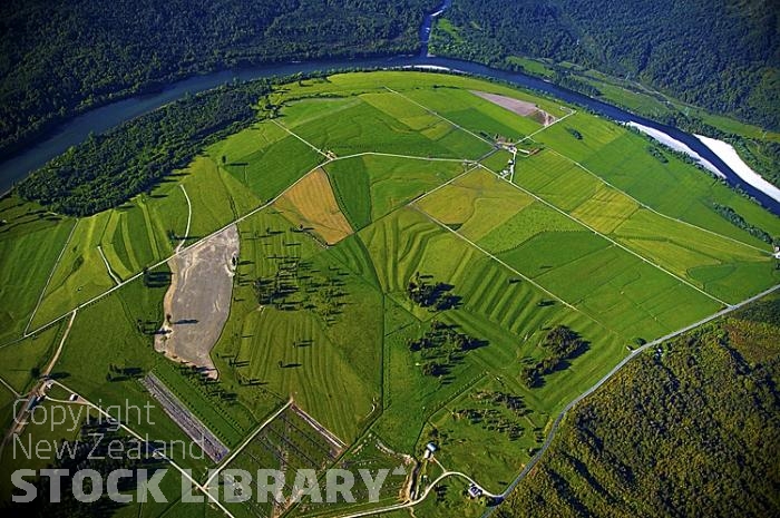 Aerial;Buller River;Buller Region;mountains;hills;rivers;Rail;railway;rail line;Road;State Highway 6;bush;native forrest;farm at Inangahua;farm;Inangahua;green fields;green paddocks;drainage