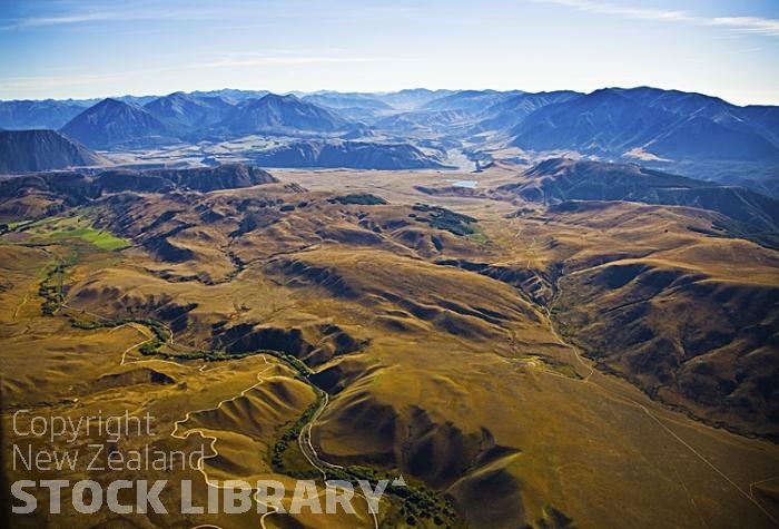 Aerial;Arthur's Pass Route Canterbury;mountains;hills;Lakes;Waimakariri River;tussock grass;tussock;rail lines;railway;freight trains;tourist trains;bush;native forrest;state highway 73;High Country;Avoca;Slovens Stream