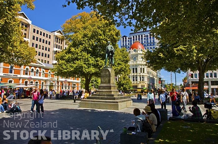 Christchurch;Canterbury;high rise;Heritage Museum;fashion outlets;Library;Art Gallery;boating;golden sands;Pacific Ocean;Avon River;New Brighton;South Shore;St Albans;Richmond;Avonside;Linwood;Addington;Papanui;Sockburn;Sydenham;Spreyden;Woolston;Opawa;Cathedral Square;pedestrians;tourists;dappled sunlight;dappled;sunlight;statue