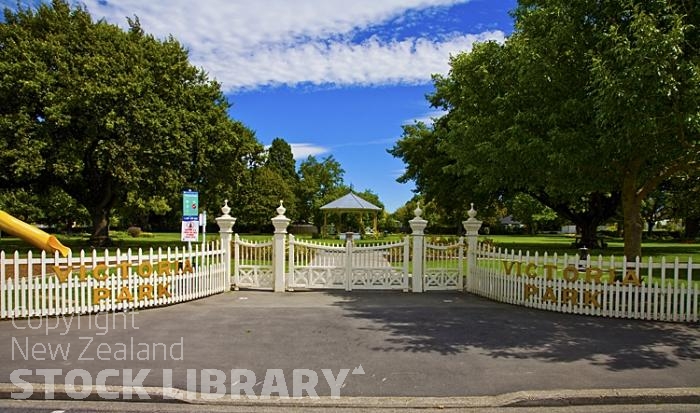 Rangiora;Canterbury;Canterbury Plain;green fields;paddocks;green paddocks;rivers;Ashley;River;Victoria Park;park gates;picket fence;band stand;pavillion