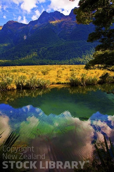 Road to Milford Sound;Fiordland;mountains;hills;rivers;Road;State Highway 94;bush;native forrest;green fields;green paddocks;lakes;blue sky;The Mirror Lakes;Eglinton Valley