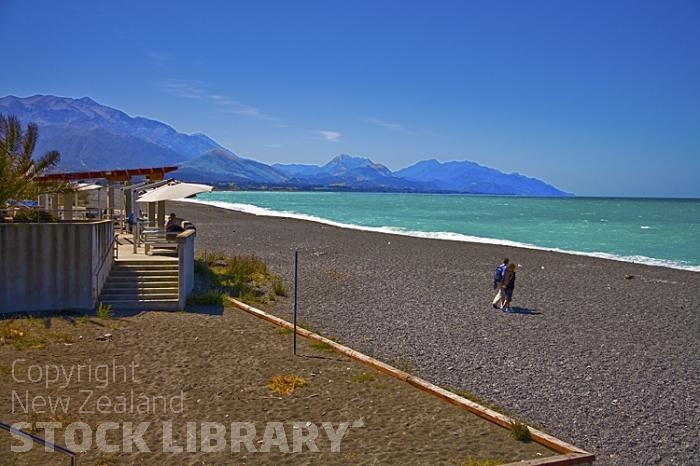 Whale Watch Station & beach;Kaikoura;Kaikoura Peninsula;seaward Kaikoura Range;green fields;paddocks;brown hills;hills;mountains;ocean;pacific ocean;whale watch;seals;seal watch;blue sky;blue sea;rocky shoreline;Rail line;Station;rail Station;tourists;cafe