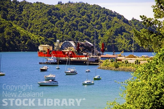 Marlborough Sounds;Marlborough;bush;native forrest;hills;mountains;Waimahara Wharf;cable laying;vessel;Shakespeare Bay