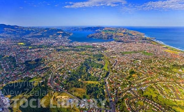 Aerial;Dunedin;Otago Peninsula;Otago;university city;university;harbour;golden sands;gothic buildings;Heritage Museum;law courts;Station;Train Station