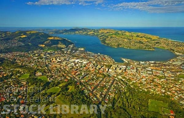 Aerial;Dunedin;Otago Peninsula;Otago;university city;university;harbour;golden sands;gothic buildings;Heritage Museum;law courts;Station;Train Station;Otago Harbour