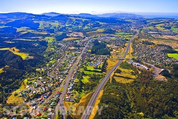 Aerial;Dunedin;Otago;university city;university;harbour;golden sands;gothic buildings;Heritage Museum;law courts;Station;Train Station;Motorway;Dunedin;Fairfield