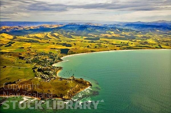 Moeraki;Otago;Yellow Eyed Penguins;Moeraki Boulders;tourists;Moeraki Point;Beach;Aerial;Otago Coast