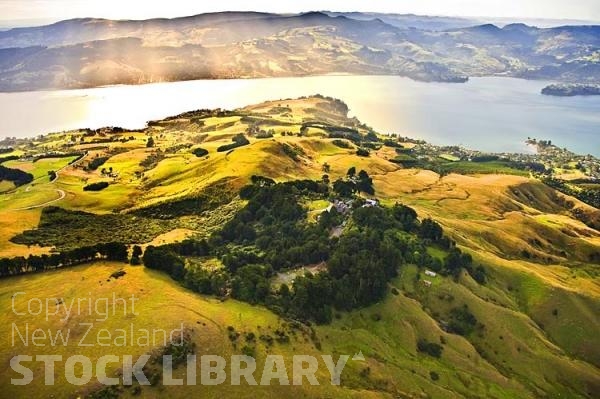 Aerial;Otago Peninsula;Otago;harbour;golden sands;Larnach Castle;golden light