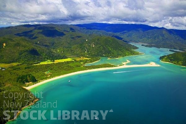 Aerial;Able Tasman National Park;Tasman Bay;sand dunes;sandy beaches;rocky shorelines;beach;beach front;bluffs;cliffs;boating;bush;native forrest;golden sands;Awaroa bay;Awaroa Lodge