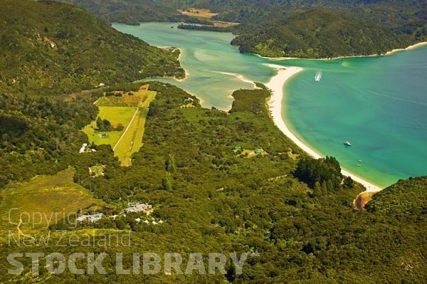 Aerial;Able Tasman National Park;Tasman Bay;sand dunes;sandy beaches;rocky shorelines;beach;beach front;bluffs;cliffs;boating;bush;native forrest;golden sands;Awaroa Lodge