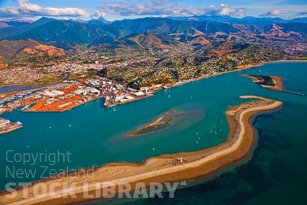 Aerial;Nelson;Tasman Bay;Boulder Bank;sandy beaches;rocky shorelines;beach;beach front;boating;bush;native forrest;golden sands;Nelson and Port Nelson;lighthouse;logs;logging;harbour;yachts;ships;the cut