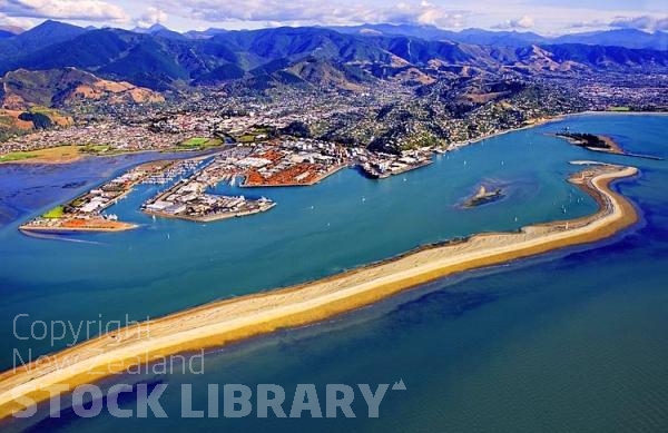 Aerial;Nelson;Tasman Bay;Boulder Bank;sandy beaches;rocky shorelines;beach;beach front;boating;bush;native forrest;golden sands;Nelson and Port Nelson;lighthouse;logs;logging;harbour;yachts;ships;the cut