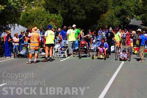 Nelson;Tasman Bay;Trolley Races;home made trollets;trolleys;kids heats;adult heats;spectators;crowds;nipper's heats;Collingwood street;Collingwood street races;gravity power