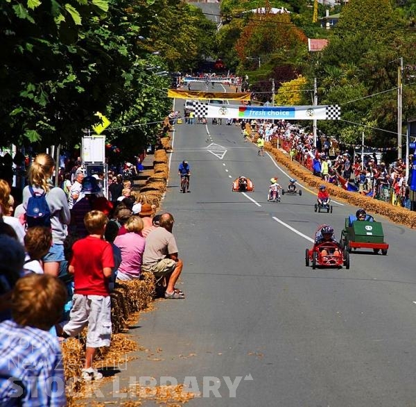 Nelson;Tasman Bay;Trolley Races;home made trollets;trolleys;kids heats;adult heats;spectators;crowds;nipper's heats;Collingwood street;Collingwood street races;gravity power