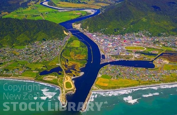 Aerial;Greymouth;West Coast;State Highway 6;mountains;valleys;Grey river;Tasman Sea;Blaketown;Cobden