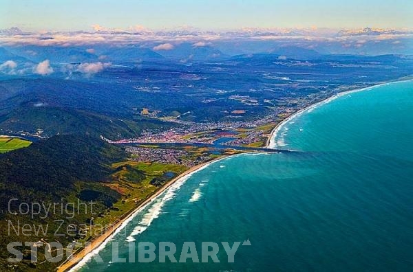 Aerial;Greymouth;West Coast;State Highway 6;mountains;valleys;Grey river;Tasman Sea;Cobden;Blaketown;Airport