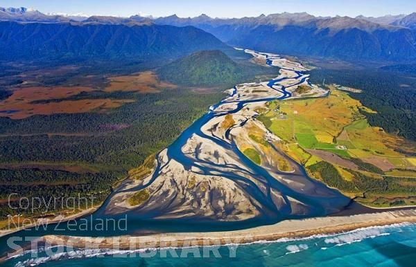 Aerial;Haast;West Coast;State Highway 6;mountains;valleys;Haast river;Tasman Sea;Haast River Mouth;Braided river;Haast river;Haast River Bridge;Haast Road;airfield;bush;native forrest