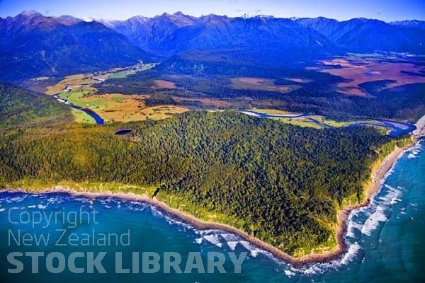 Aerial;Haast to Hokitika;West Coast;mountains;valleys;river;Tasman Sea;State highway 6;Makawhio Point;Jacob's River;bush;native forrest