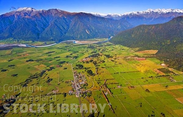 Aerial;Haast to Hokitika;West Coast;mountains;valleys;river;Tasman Sea;State highway 6;Whataroa;green fields;green paddocks;bush;native forrest