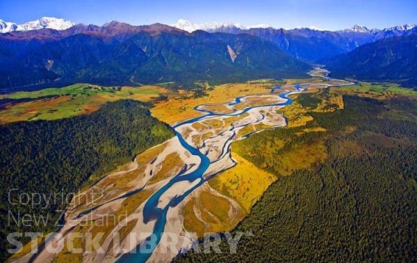 Aerial;Haast to Hokitika;West Coast;mountains;valleys;river;Tasman Sea;State highway 6;Karangarua River;Fox Glacier;bush;native forrest