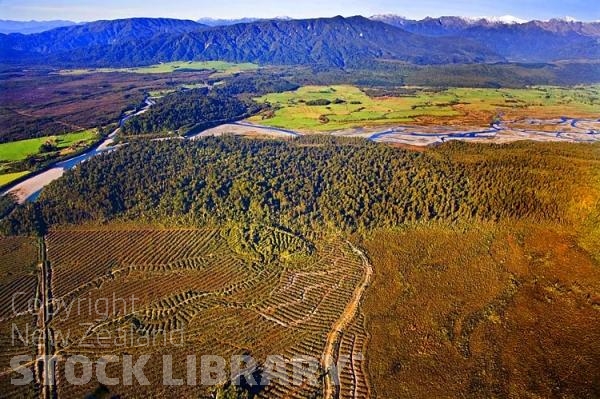 Aerial;Haast to Hokitika;West Coast;mountains;valleys;river;Tasman Sea;State highway 6;Spagnum Moss Cultivation;Spagnum Moss;Cultivation