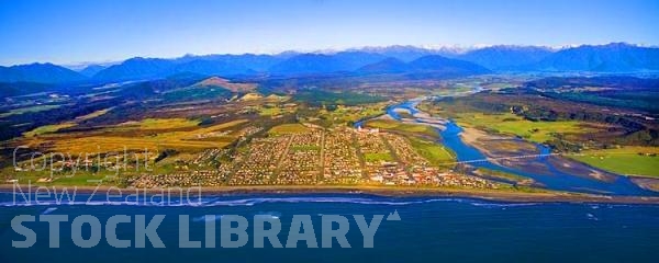 Aerial;Hokitika;West Coast;State Highway 6;mountains;valleys;Hokitika river;Tasman Sea;airport;Hokitika river Bridge;sand bar;dairy factory