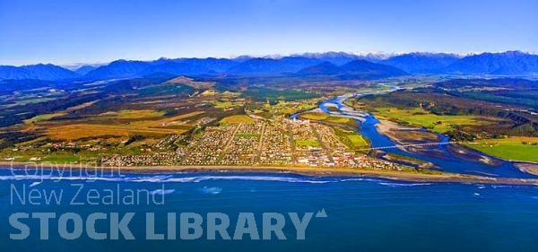 Aerial;Hokitika;West Coast;State Highway 6;mountains;valleys;Hokitika river;Tasman Sea;airport;Hokitika river Bridge;sand bar;dairy factory