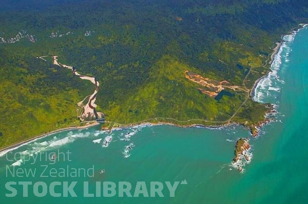 Aerial;Punakaiki Coast;West Coast;Highway 6;mountains;valleys;Pororari river;Tasman Sea;Kaipakati Pt & Seal Island;Punakaiki;Fox River mouth;Fox River;caves;Ballroom Overhang.