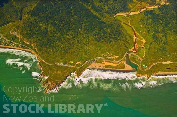 Aerial;Punakaiki Coast;West Coast;Highway 6;mountains;valleys;Pororari river;Tasman Sea;Punakaiki;Pancake Rocks