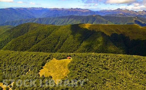 Aerial;Reefton;West Coast;mountains;valleys;Inangahua River;Kirwan's Hut;tramping hut;trampers hut